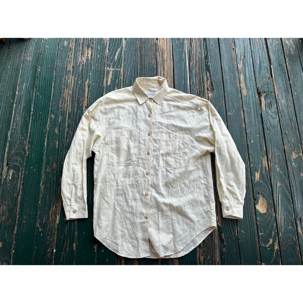 Giorgio Sant'Angelo Linen Cotton Cream Button Up Shirt Womens Medium Long Sleeve